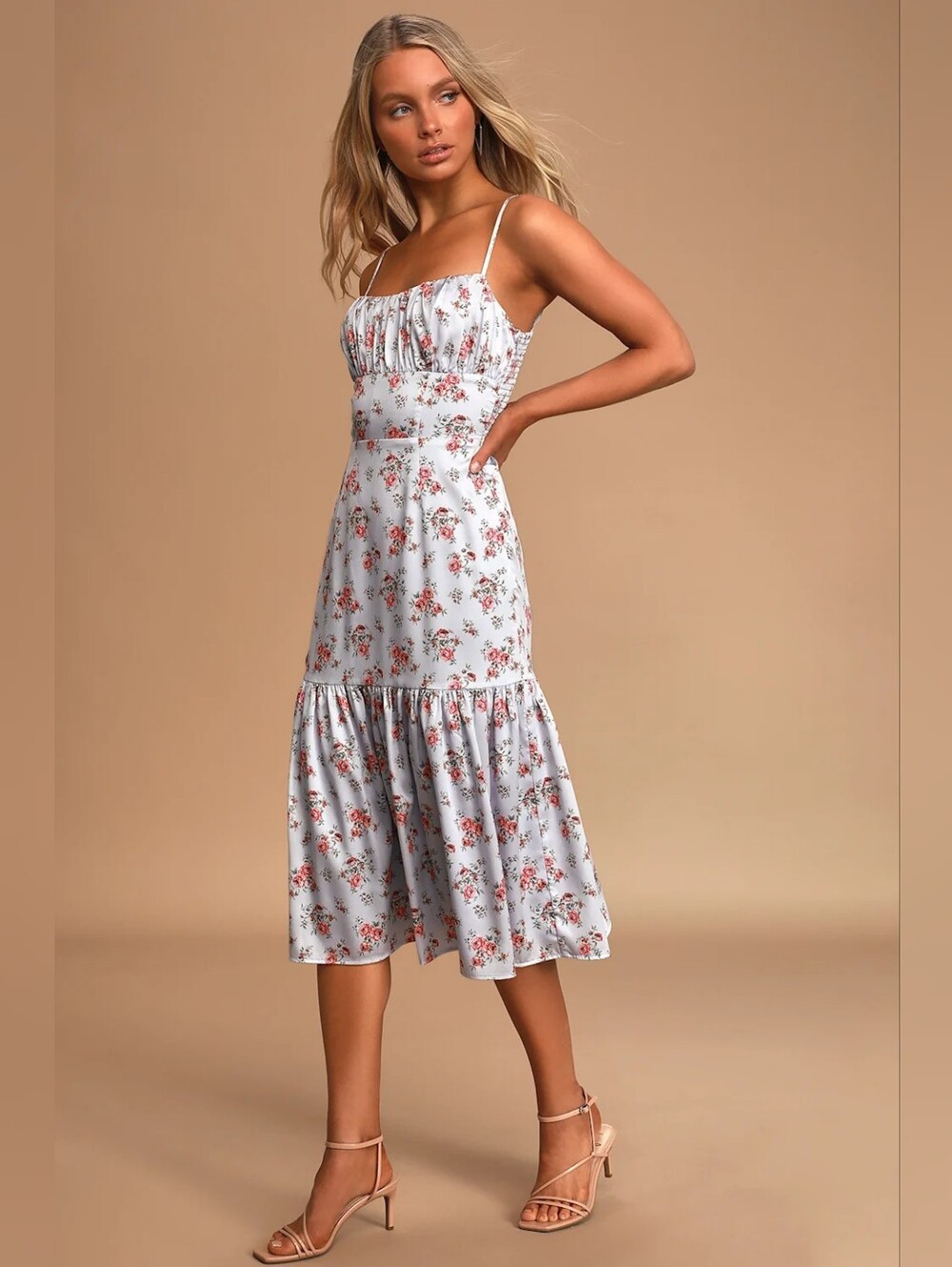 Bellevue Rosetta Floral Midi Dress Blue Drop Waist Ruched Bodice Sz S Romantic